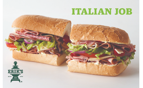 Erik's DeliCafe's Italian Job sandwich with white background, Erik's logo, and text "Italian Job"