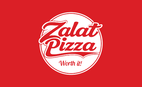 Bright red gift card design featuring the Zalat Pizza logo in white, centered, with the “Worth It” tagline beneath it.