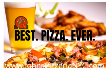 picture of pint of beer, wings, and pizza with best pizza ever written across.