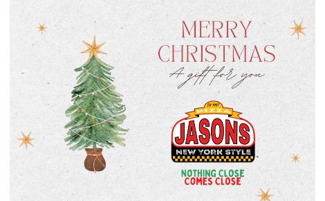 A holiday card with a Christmas tree sketch on the left, merry Christmas a gift for you written on the right and the jasons logo with slogan on the bottom right corner.