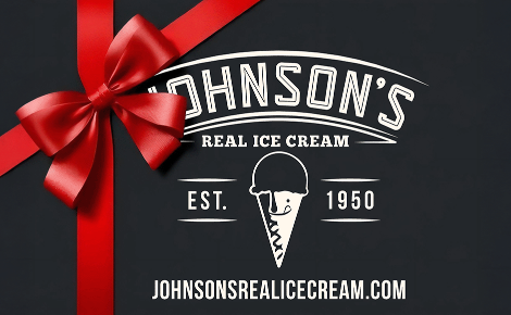 Johnson's Real Ice Cream logo gift card in black with red ribbon and bow