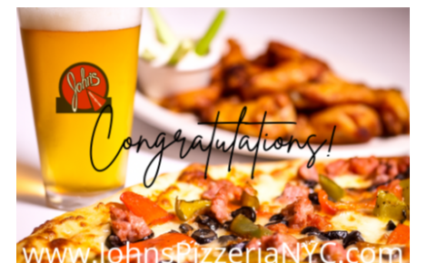 picture of pint of beer, wings, and pizza with congratulations written across it.
