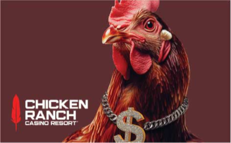 eGift card image of a chicken wearing a gold neckless with a dollar symbol and the Chicken Ranch Casino Resort logo