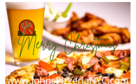 picture of pint of beer, wings, and pizza with Merry Christmas written across it