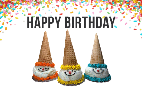 Happy Birthday message with smiling cones and confetti