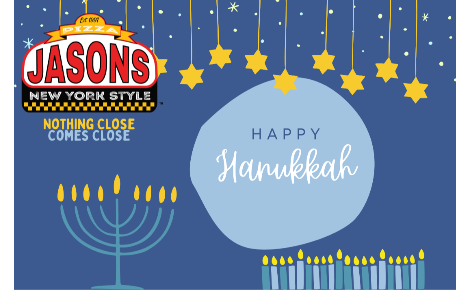 A Hanukkah Card with a menorah and the words happy Hanukkah written in cursive. There are starts hanging from string all along the top of the card
