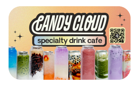 Candy Cloud Logo with a big spread of different candy cloud drinks.