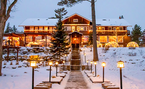 egift card design with the lodge during the winter snow