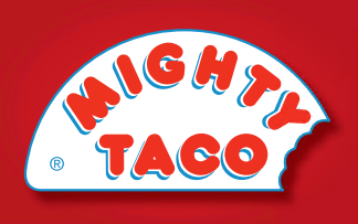mighty taco gift card design with logo on red background