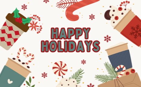 Happy Holidays gift card with coffees and holiday design
