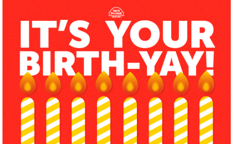 Bright red background with bold white text reading ‘IT’S YOUR BIRTH-YAY!’ at the top. Below the text, eight yellow-and-white striped candles with orange flames are lined up. The Taco Palenque logo appears centered above the text.