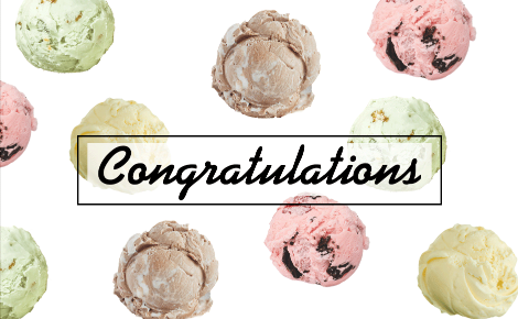 Congratulation gift card with scoops of ice cream in the background.