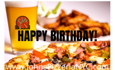picture of pint of beer, wings, and pizza with Happy Birthday written across it.