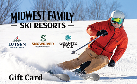 midwest family ski resorts gift card design with a skier in red jacket