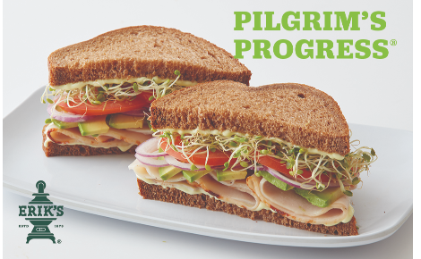 Pilgrim's Progress sandwich from Erik's DeliCafe on a plate, displayed on a white background with Erik's logo and the text ‘Pilgrim's Progress.