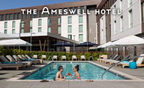 ameswell hotel egift card design with the pool and hotel