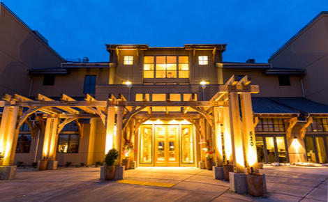The Lodge at Columbia Point at night. 