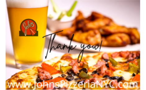 pint of beer, pizza and wings with thank you written across.