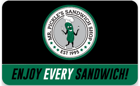 Enjoy Every Sandwich Black and Green simple Gift Card with Legacy Mr. Pickle's Sandwich Shop logo featuring Mr. Pickle Character