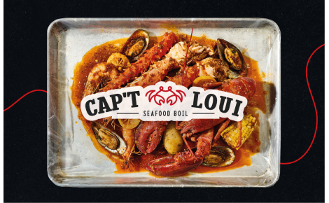 Card design with a metal tray filled with Seafood Boil and the Cap't Loui logo.
