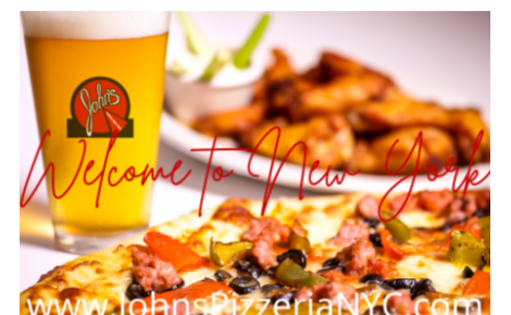 picture of pint of beer, wings, and pizza with Welcome to New York written across it.