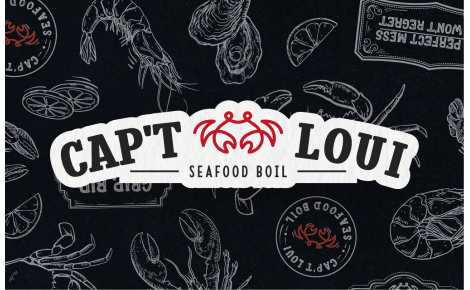 A gift card design with black background and Cap't Loui signature illustrations of Seafood Boil items. In the center, a large Cap't Loui logo.