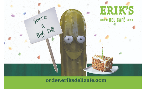 Smiling pickle holding a slice of carrot cake with a birthday candle and a sign that says "You're a Big Dill!" with a confetti background