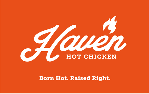 haven hot chicken gift card design with white logo on orange background