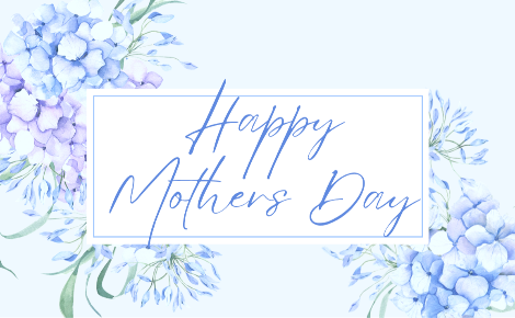 Blue background with glue hydrangeas. "Happy mothers day" Written in the center