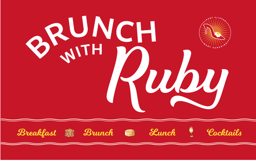 Ruby slipper gift card design with white logo on a red card