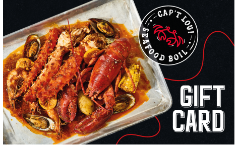 Gift card design with a metal tray filled with Seafood Boil to the left, the Cap't Loui stamp and "Gift Card" written on the lower right corner.
