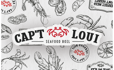 A gift card design with white background,  Cap't Loui seafood boil illustrations in black and the Cap't Loui in the the center.