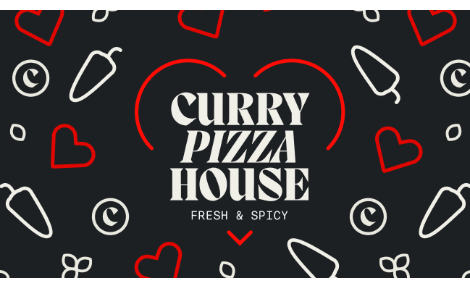 Curry Pizza House e-Gift Card Design - White Stacked Logo with Black Background