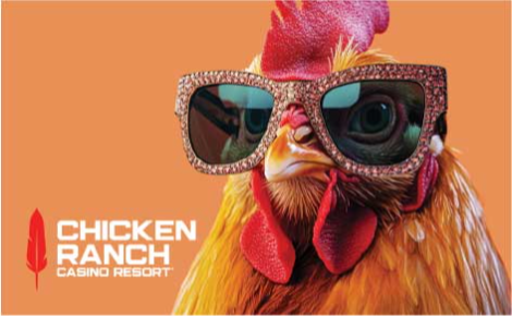 eGift card image of a chicken wearing sunglasses and the Chicken Ranch Casino Resort logo