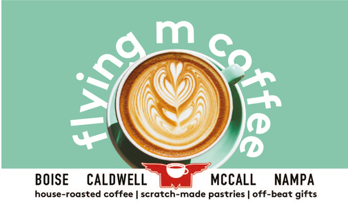flying m coffee physical gift card design with coffee cup and cafe location list