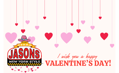 Valentines day card with the jasons logo in the bottom left and a row of hearts as the main design. Card Reads "I wish you a happy valentines day!"