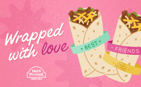 Wrapped with love - Best Friends - Taco Plenque white logo with two burritos over a pink background.