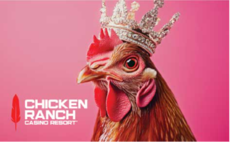 eGift card image of a chicken wearing a crown and the Chicken Ranch Casino Resort logo