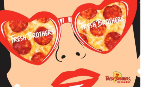 Illustrated woman wearing red heart-shaped sunglasses with pepperoni pizza reflected in both lenses and the words “Fresh Brothers” across each lens. A small Fresh Brothers Pizza logo appears in the lower-right corner.