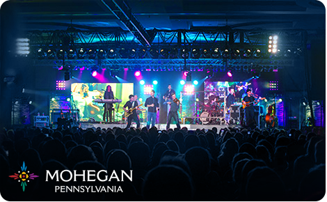 eGift card image of a band on stage with the Mohegan Pennsylvania logo