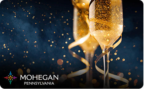eGift card image with two Champaign glasses and the Mohegan Pennsylvania logo