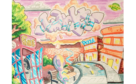 Wicks Alien on bench by phone booth