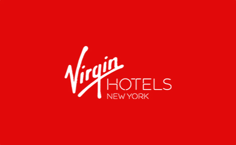 eGift card image of the Virgin Hotels New Work logo in white on a red background