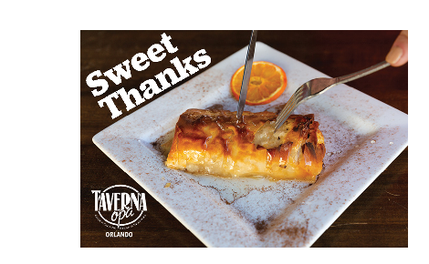 Dessert with Taverna Opa Orlando logo and 