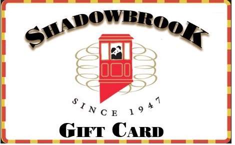 Generic Shadowbrook gift card with logo, white background and yellow and red boarder. 