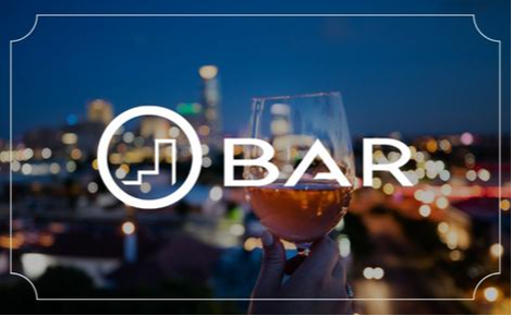 eGift card image of a glass of wine with the city skyline in the background with the O Bar logo