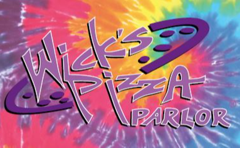 Wicks Pizza Logo on tie dye background