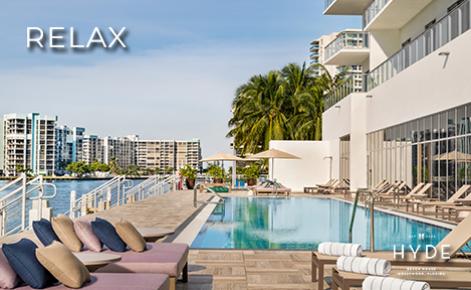 eGift Card image of the pool area with the text “Relax” and the Hyde Beach House logo