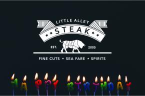 Little Alley Steak logo on black background with lit candles at the  bottom of the image