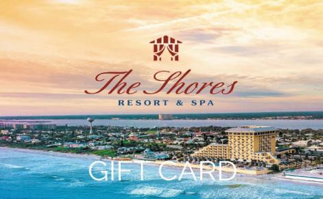 Gift card image of the Shores Resort by the ocean with Shores Resort logo and the text 